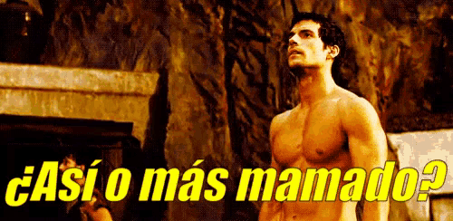 a shirtless man stands in front of a fireplace with the words casi o mas mamado