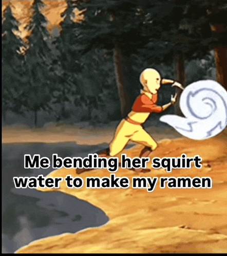 a cartoon of a man holding a swirl of water that says me bending her squirt water to make my ramen