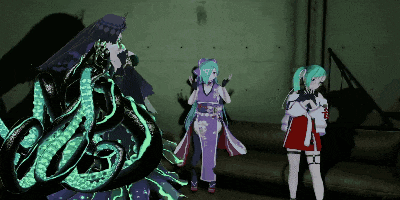 three anime characters are standing in a dark room