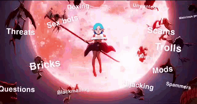 a girl is holding a sword in front of a full moon surrounded by words such as bricks scams and trolls