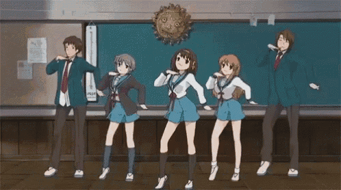 a group of anime characters are dancing in front of a blackboard that says play on it