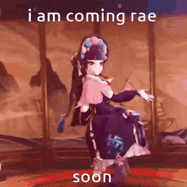a cartoon character is dancing in a room with the words `` i am coming rae soon '' .