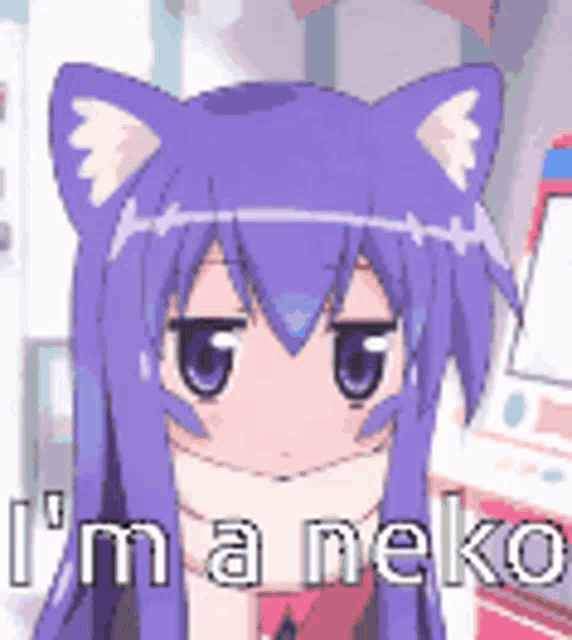 a cartoon girl with purple hair and cat ears is saying i 'm a neko