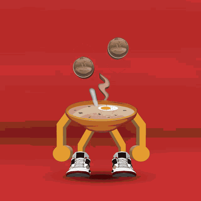 a cartoon drawing of a bowl of soup with coins coming out of it 's eyes