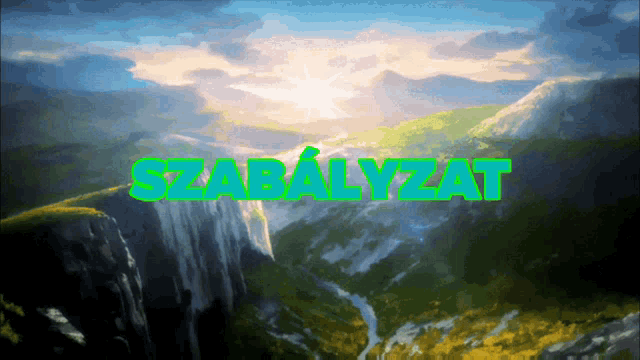 a painting of a mountain range with the words szabalyzat written in green