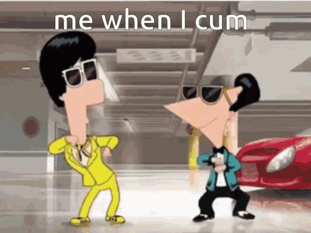 two perry the platypus characters are dancing in front of a red car and a sign that says me when i cum