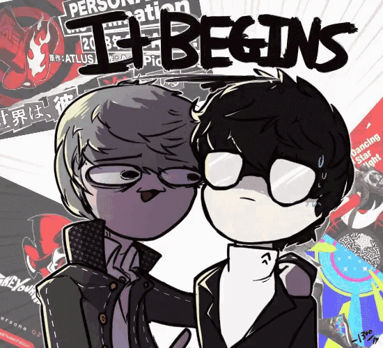 a cartoon of a man and a woman with the words " it begins " on the bottom