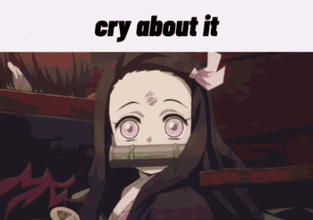 a picture of a girl with pink eyes and the words cry about it below her