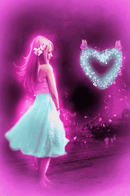 a girl in a blue dress stands in front of a glowing heart with butterflies