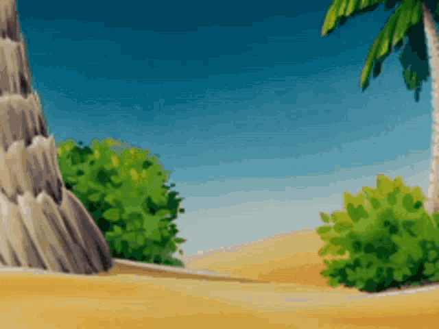 a cartoon drawing of a beach with palm trees and bushes