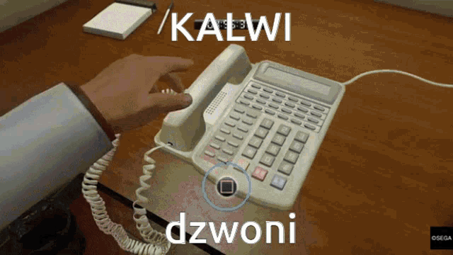 a person pressing a button on a telephone that says " dzwoni "