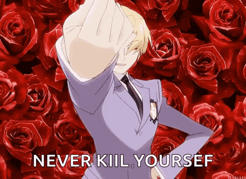 a man in a suit and tie is giving the middle finger in front of red roses with the words never kill yourself below him