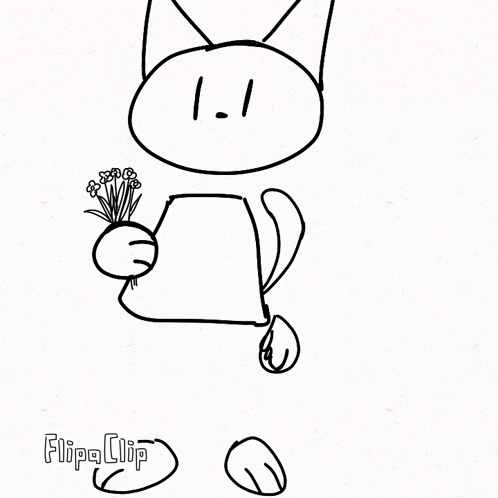 a black and white drawing of a cat holding a bouquet of flowers with flipa clip written below it