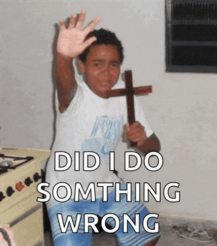 a boy holding a cross with the words " didi do somthing wrong " below him