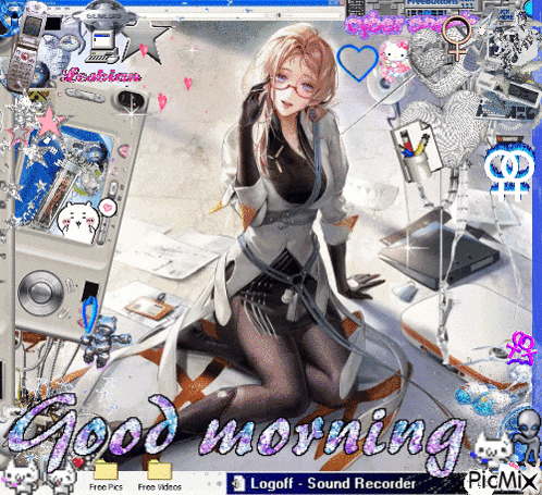a picture of a woman kneeling down with the words good morning written on it