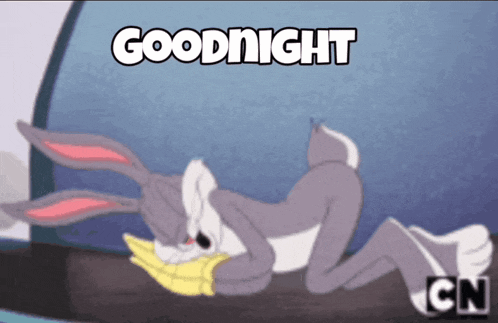 a cartoon of bugs bunny laying down with the words goodnight written above him