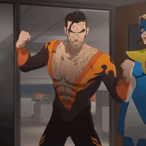 a cartoon of a man in an orange and black costume