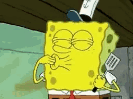 spongebob squarepants is holding a spatula and a hamburger in his hand .