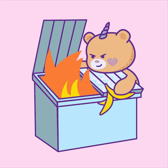 a cartoon of a teddy bear holding a banana in a dumpster