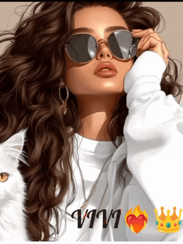a drawing of a woman wearing sunglasses and a white shirt with the word vivi on it