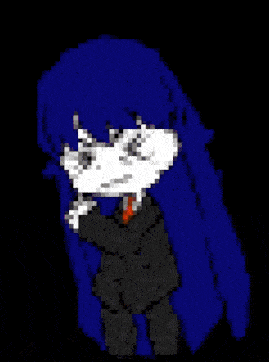 a pixel art drawing of a person with blue hair
