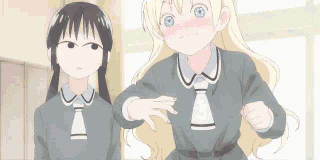 two anime girls are standing next to each other and one of them is pointing at the other