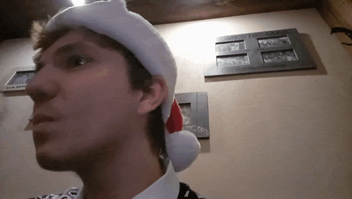a man wearing a santa hat stands in front of a picture frame that says arctic man