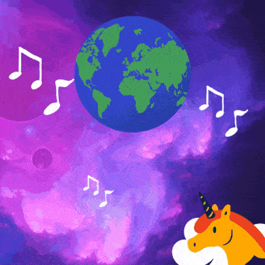 an illustration of a unicorn surrounded by music notes and a globe