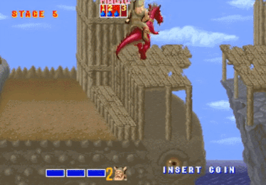 a video game screen shows a stage 5 and an insert coin button