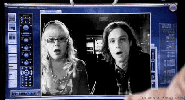 a black and white photo of a man and a woman on a computer screen with the words criminal minds caps on the bottom