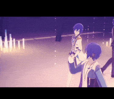 a couple of anime characters standing next to each other in a purple room