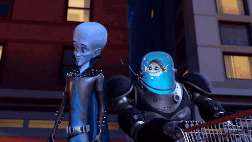 two cartoon characters standing next to each other with one wearing a blue helmet