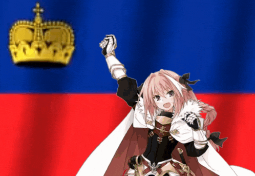 a girl with a crown is standing in front of a flag