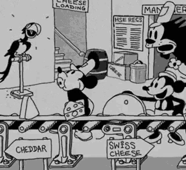 a black and white cartoon of mickey mouse on a conveyor belt