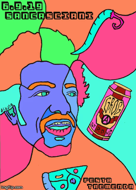 a colorful drawing of a man holding a can of grog a strong beer