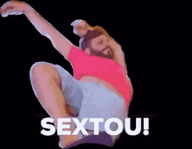 a man in a pink shirt is jumping in the air with the word sextout written below him