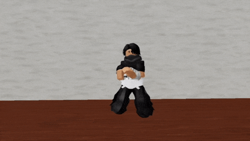 a cartoon character in a black shirt and white pants is standing on a wooden floor