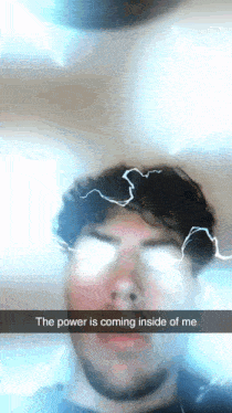 a man with a lightning bolt on his head and the words " the power is coming inside of me " above him