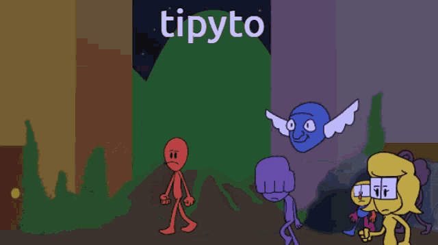 a group of cartoon characters are standing in front of a poster that says tipyto