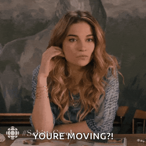 a woman is sitting at a table and says " you 're moving " in front of a painting