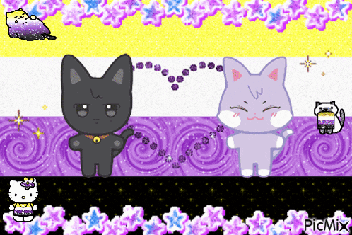 a black cat and a purple cat are on a purple and yellow background