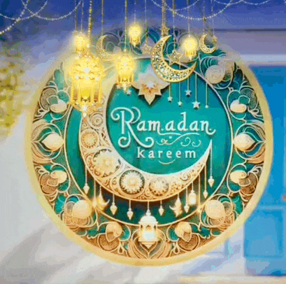 a sign that says ramadan kareem with a crescent moon and lanterns