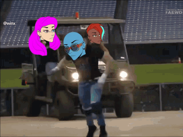 a group of cartoon characters are dancing in front of a golf cart with the hashtag #aewd on the bottom right