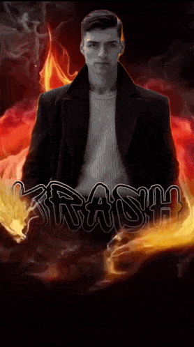 a man in a black coat stands in front of a fire and the word rash