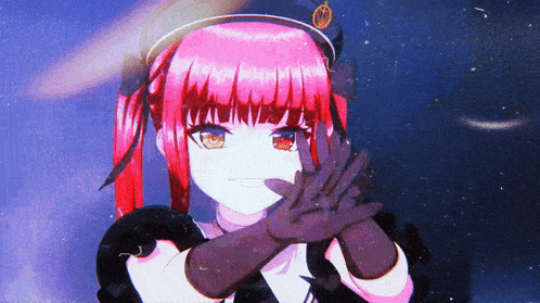 a girl with pink hair and red eyes is wearing a black hat and gloves
