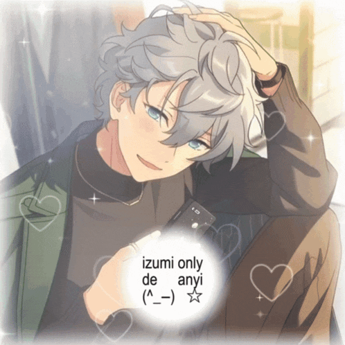 a gray haired anime character with the words izumi only de anyi in the corner