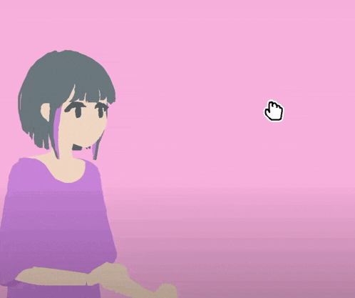 a girl in a purple shirt is pointing at a white pointer on a pink background