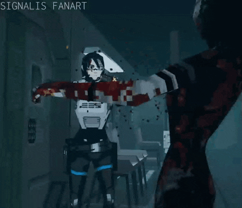 a video game character is being attacked by another character and the words signalis fanart are on the bottom of the screen