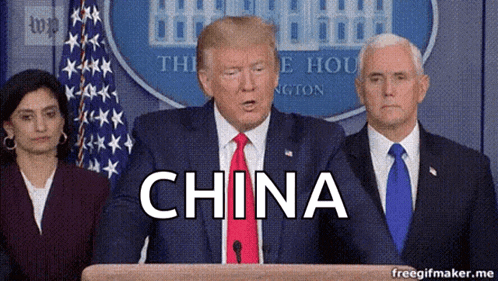 donald trump is giving a speech in front of a podium with the word china written on it