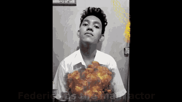 a black and white photo of a young man with an explosion coming out of his chest and the name federi on the bottom